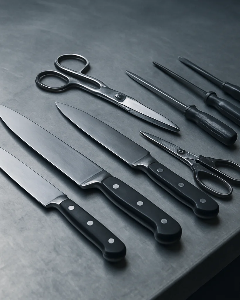 Editorial documentary photograph of a clean steel workbench with finished knives, scissors, and hand tools laid out in n