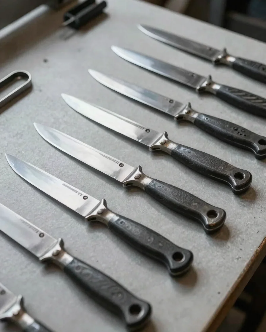 Editorial product photography of finished steel knife blades and forged hand tools on a clean, uncluttered workbench, so
