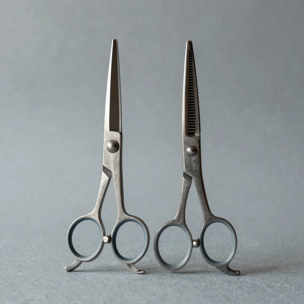 Editorial product photograph of a pair of steel scissors and hair clippers arranged side by side, soft directional studi