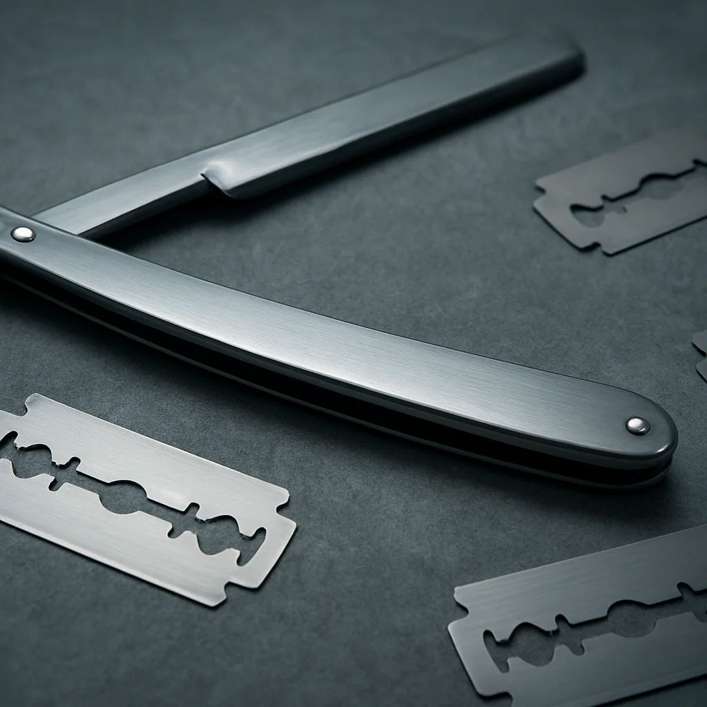 Editorial product photograph of straight razors and razor blades on a neutral grey surface, soft directional studio ligh