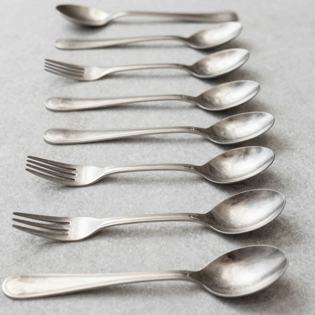 Editorial product photograph of steel forks and spoons laid in parallel, soft directional studio light, cool steel tones