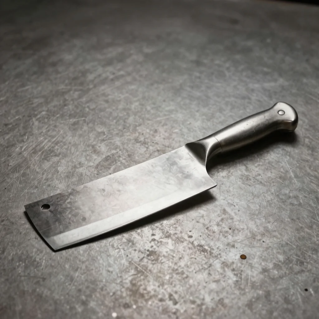 Editorial product photograph of a cleaver and chopper resting on a neutral metal-toned surface, soft directional studio