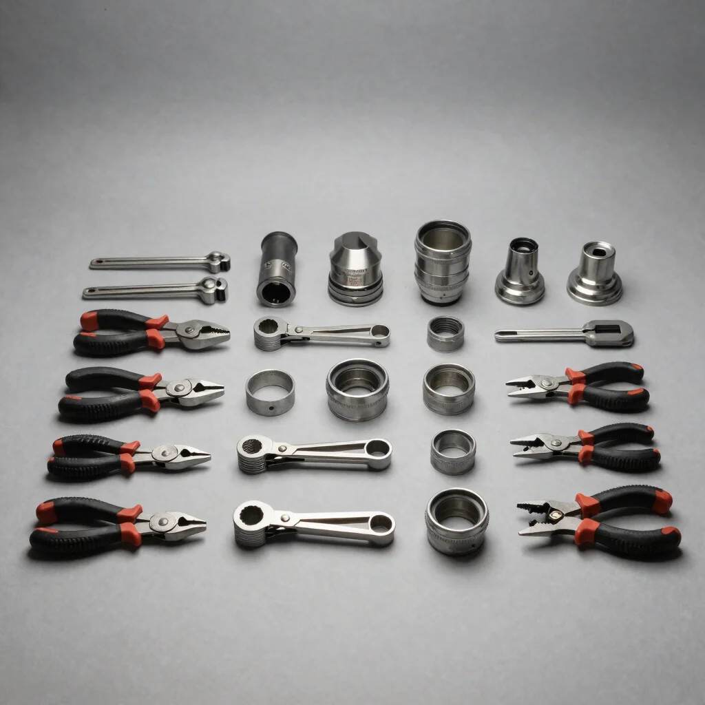 Editorial product photograph of hand tools and general hardware pieces grouped systematically, soft directional studio l