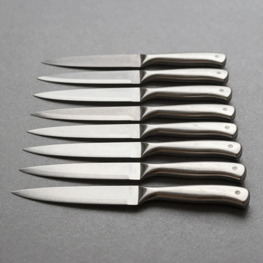 Editorial product photograph of a row of finished stainless steel kitchen knives on a neutral grey surface, soft directi